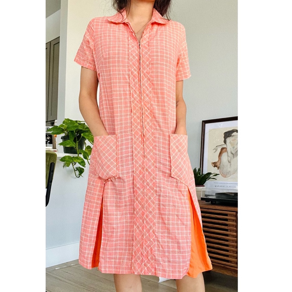 Vintage 70s Orange & White Plaid Dress